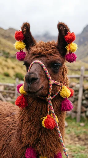 Brown Llama with Colorful Wool Tassels