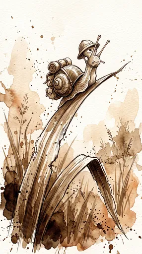 Cartoon Explorer Snail Climbing Grass Blade