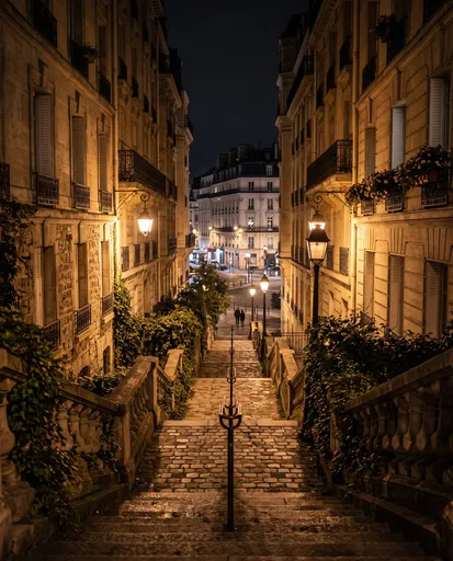 Romantic Parisian Stepped Alley at Night