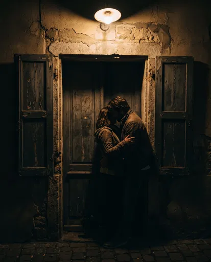 Couple Embracing in Lit Stone Doorway