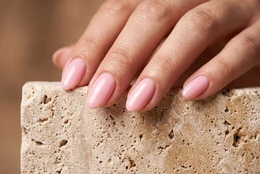 Glossy Pink Manicured Nails on Stone