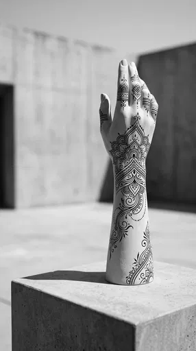 Plaster Hand Sculpture With Ornamental Linework