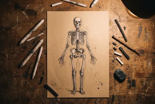 Charcoal Skeleton Drawing on Wooden Workbench