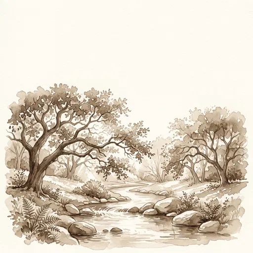 Sepia Watercolor Stream and Oak Trees