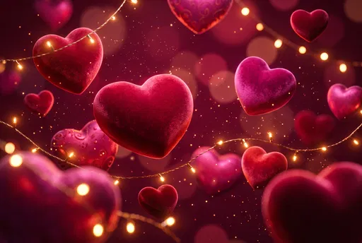 Floating Velvet Hearts and Fairy Lights Background