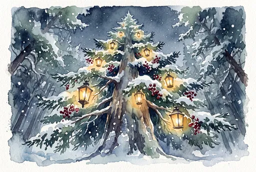Watercolor Christmas Tree With Glowing Lanterns