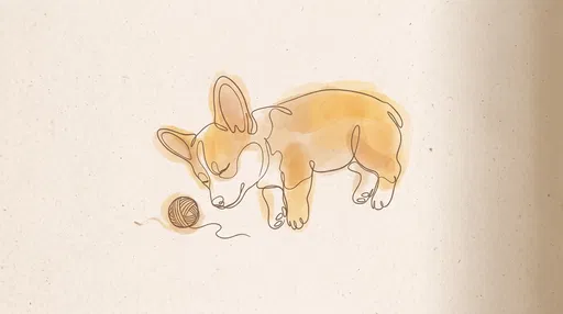 Minimalist Line Art Corgi Puppy With Yarn