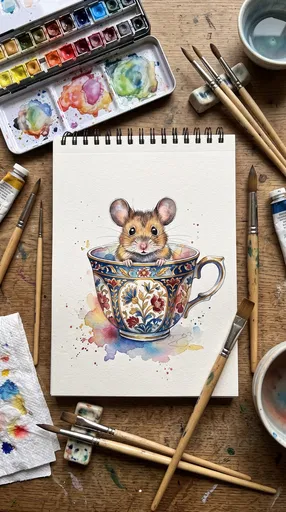 Watercolor Mouse in Teacup Flat Lay