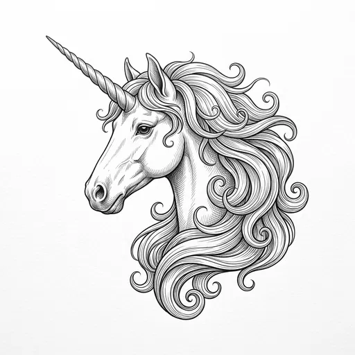 Black Ink Line Drawing of Unicorn Head
