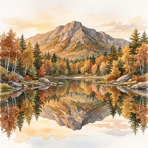 Watercolor Autumn Mountain Lake Reflection
