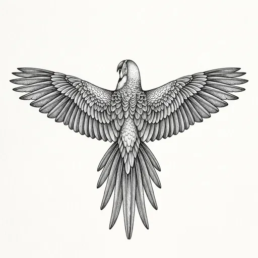 Symmetrical Ink Drawing of Flying Macaw