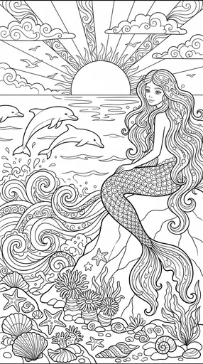 Mermaid and Dolphins Coloring Book Page