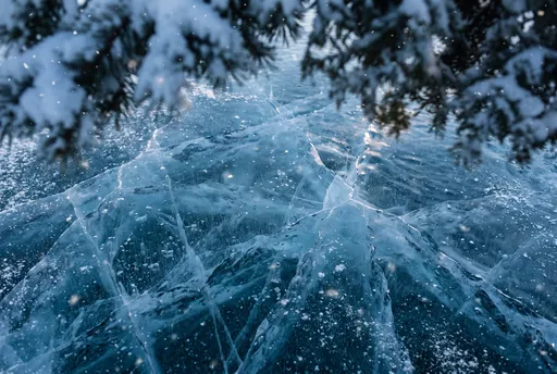 Cracked Blue Ice Under Snowy Pines