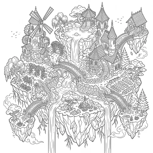 Fantasy Floating Island Coloring Page Line Art