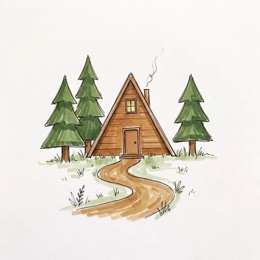 Hand-Drawn Marker Illustration of A-Frame Cabin