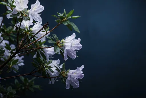 Rain-Kissed White Azalea Branch on Dark Blue