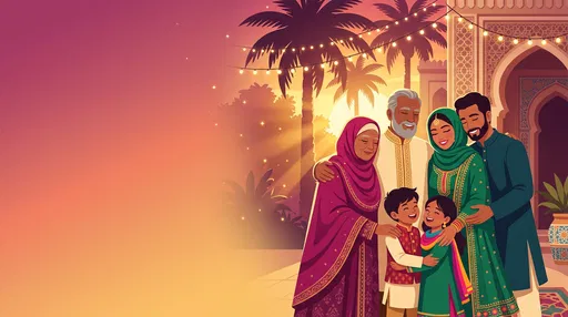 Muslim Family Embracing at Sunset Illustration