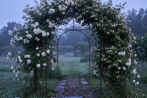 Misty Garden Archway with Roses and Honeysuckle