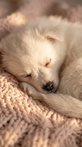 Sleeping White Puppy on Knit Blanket