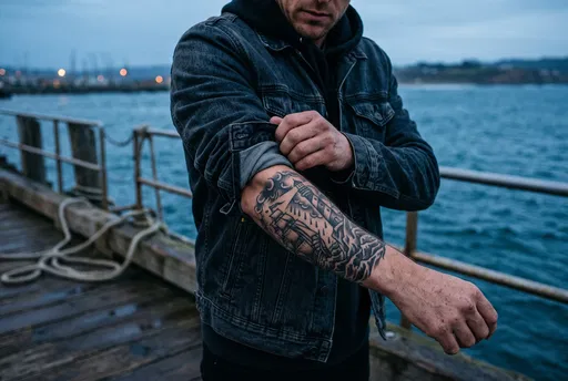 Man Showing Nautical Forearm Tattoo on Pier