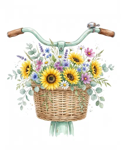 Watercolor Bicycle Handlebar with Floral Basket