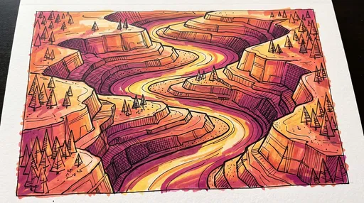 Marker Illustration of Winding Canyon River