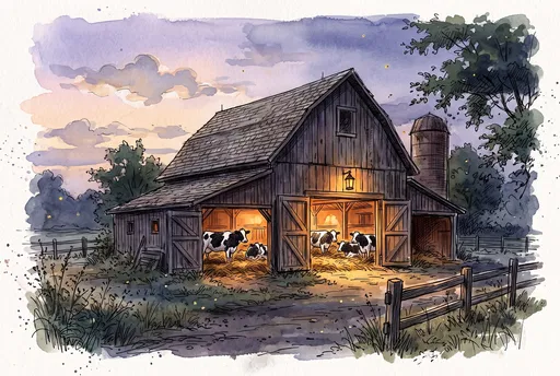 Watercolor Dairy Barn With Cows at Dusk