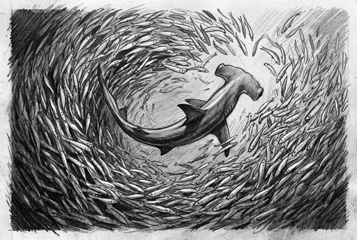 Graphite Sketch of Hammerhead Shark in Bait Ball