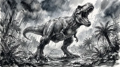 Monochrome Ink Illustration of Roaring Tyrannosaurus Rex