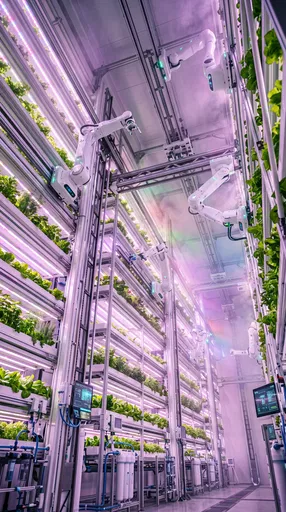 Futuristic Automated Vertical Farm with Robotic Arms
