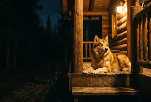 Golden Dog on Cabin Porch at Night