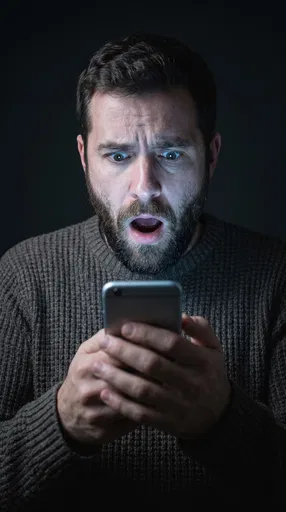 Shocked Man Looking at Smartphone in Dark