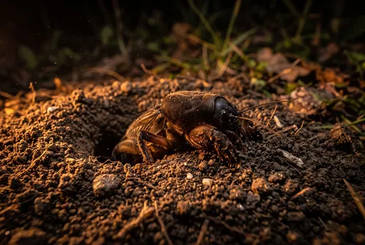Mole Cricket Emerging From Soil Burrow
