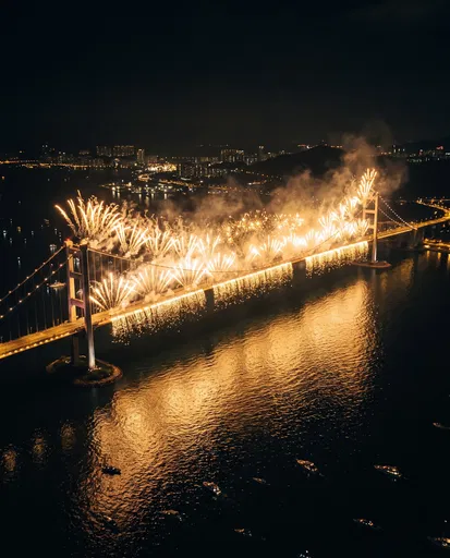 Golden Fireworks Over Suspension Bridge at Night