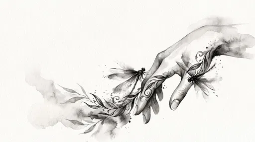 Monochrome Watercolor Hand With Ink Dragonflies