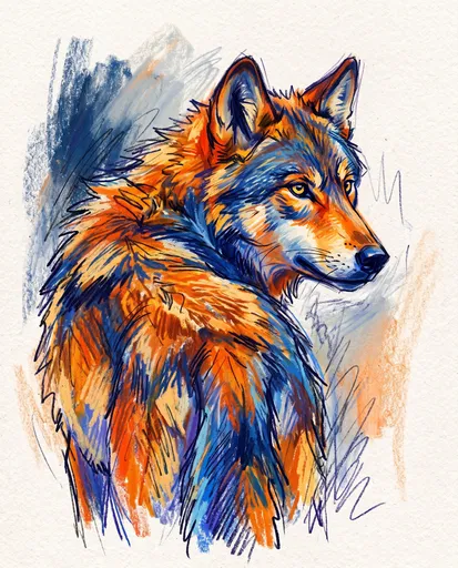 Vibrant Orange and Blue Pastel Wolf Drawing