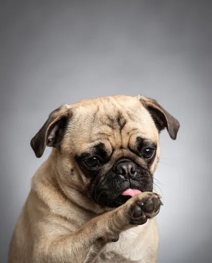 Fawn Pug Licking Front Paw Studio Portrait