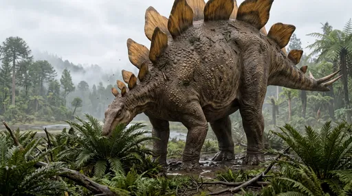 Stegosaurus Grazing in Misty Prehistoric Forest