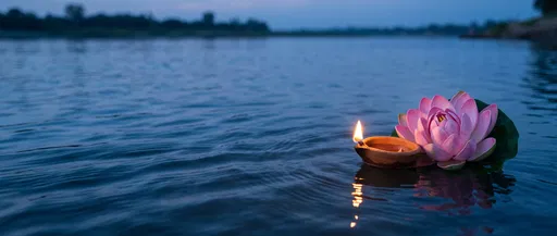 Floating Diya and Pink Lotus at Dusk