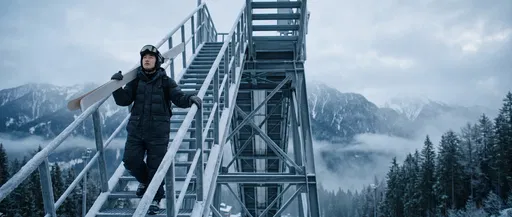 Skier on Frosted Ski Jump Tower