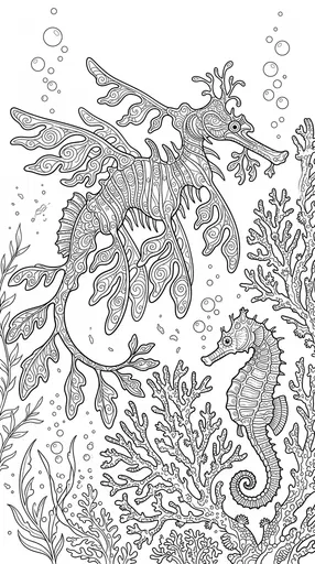 Leafy Seadragon and Seahorse Coloring Page