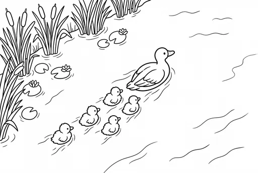 Mother Duck and Five Ducklings Coloring Page