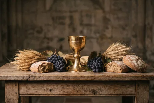 Gold Chalice With Bread, Grapes, and Wheat