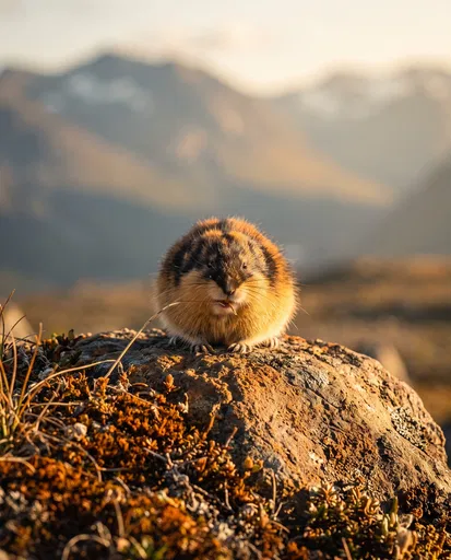 Norway Lemming on Mossy Tundra Boulder