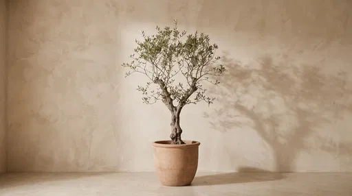 Potted Olive Tree Against Plaster Wall