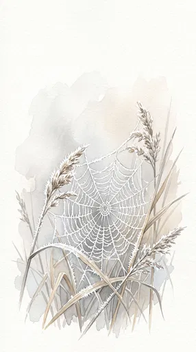 Frosted Spiderweb on Dry Reeds Watercolor