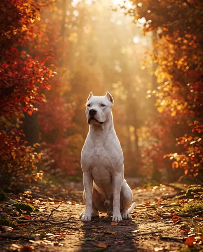 White Dogo Argentino on Autumn Forest Trail