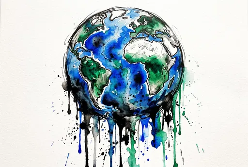 Watercolor and Ink Melting Planet Earth