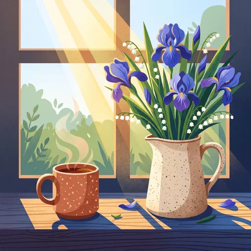 Morning Tea and Flowers on Sunny Windowsill