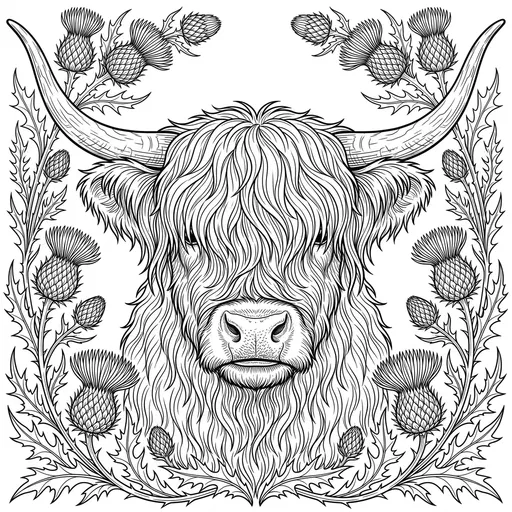 Highland Cow and Thistles Coloring Page